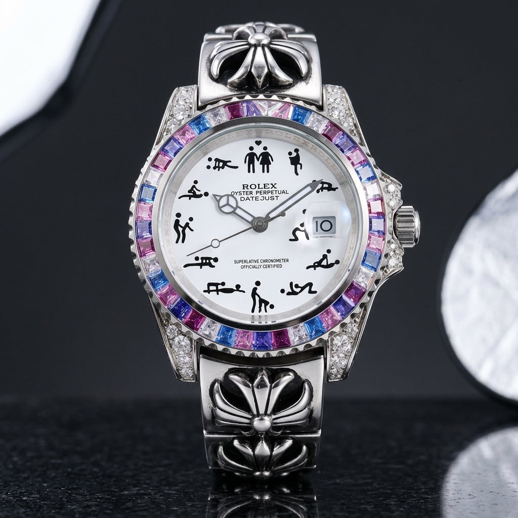 Studio photograph of the Naughty O'Clock on black granite