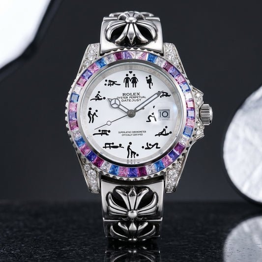 Studio photograph of the Naughty O'Clock on black granite