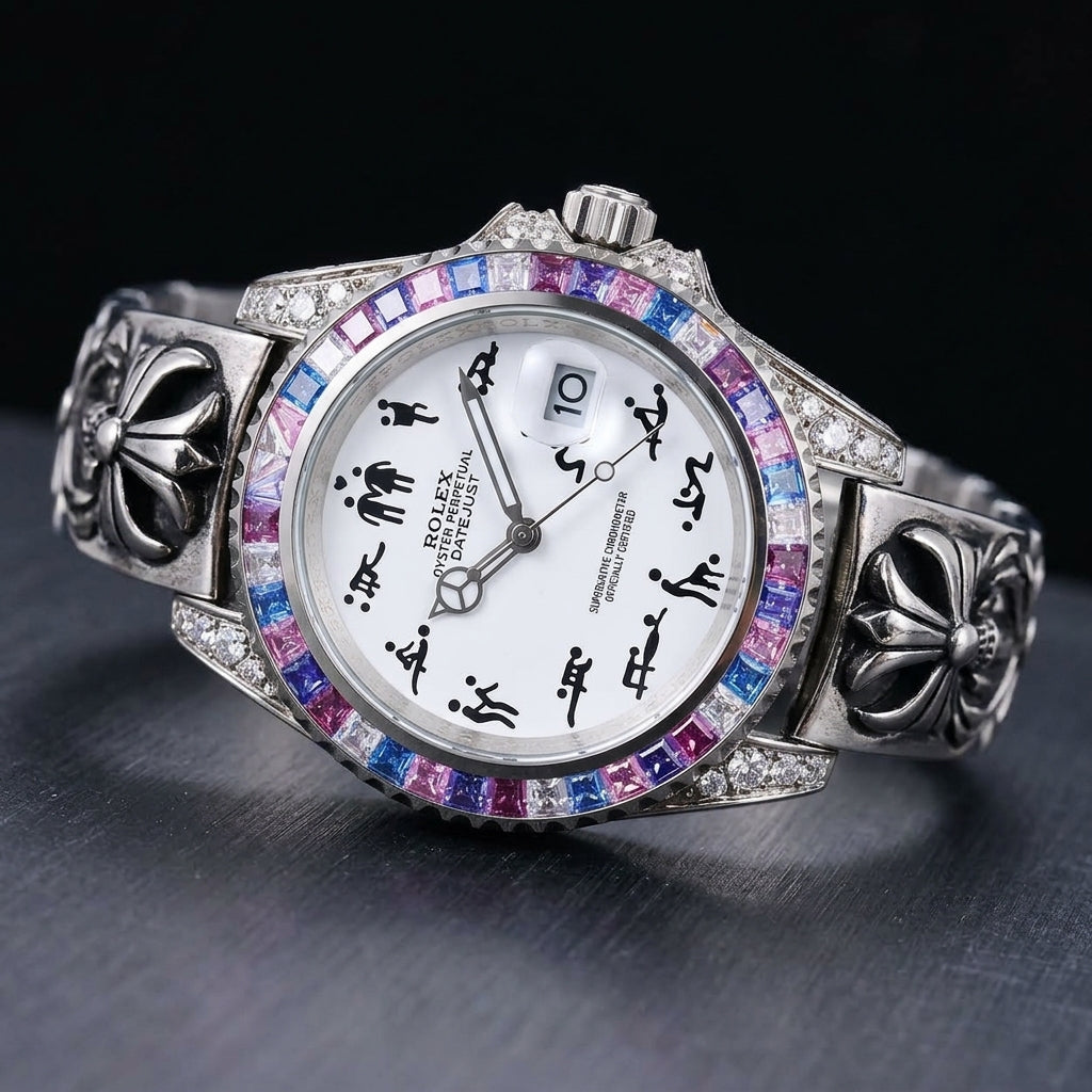 Three-quarter view showing the case profile and bracelet of the Naughty O'Clock