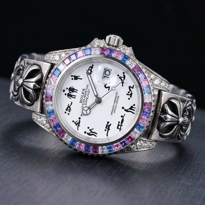 Three-quarter view showing the case profile and bracelet of the Naughty O'Clock