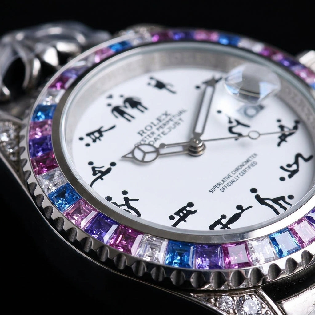 Close macro of the dial and bezel detail on the Naughty O'Clock