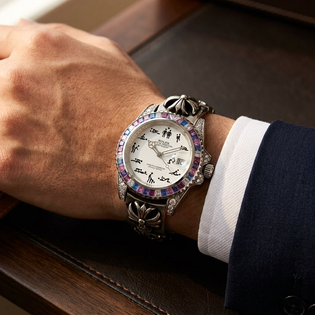 The Naughty O'Clock worn on the wrist beneath a tailored shirt cuff