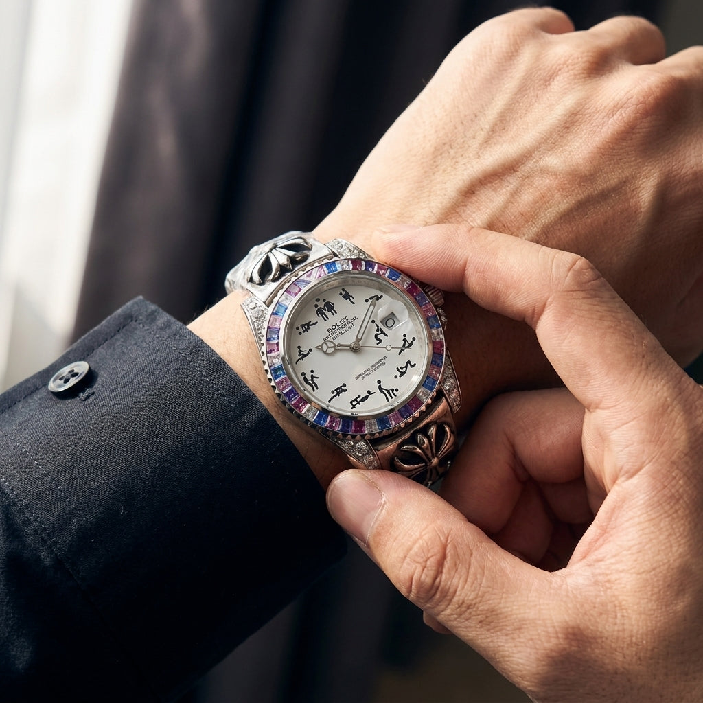 Naughty O'Clock — Iced Rainbow Bezel Statement Watch — editorial photograph