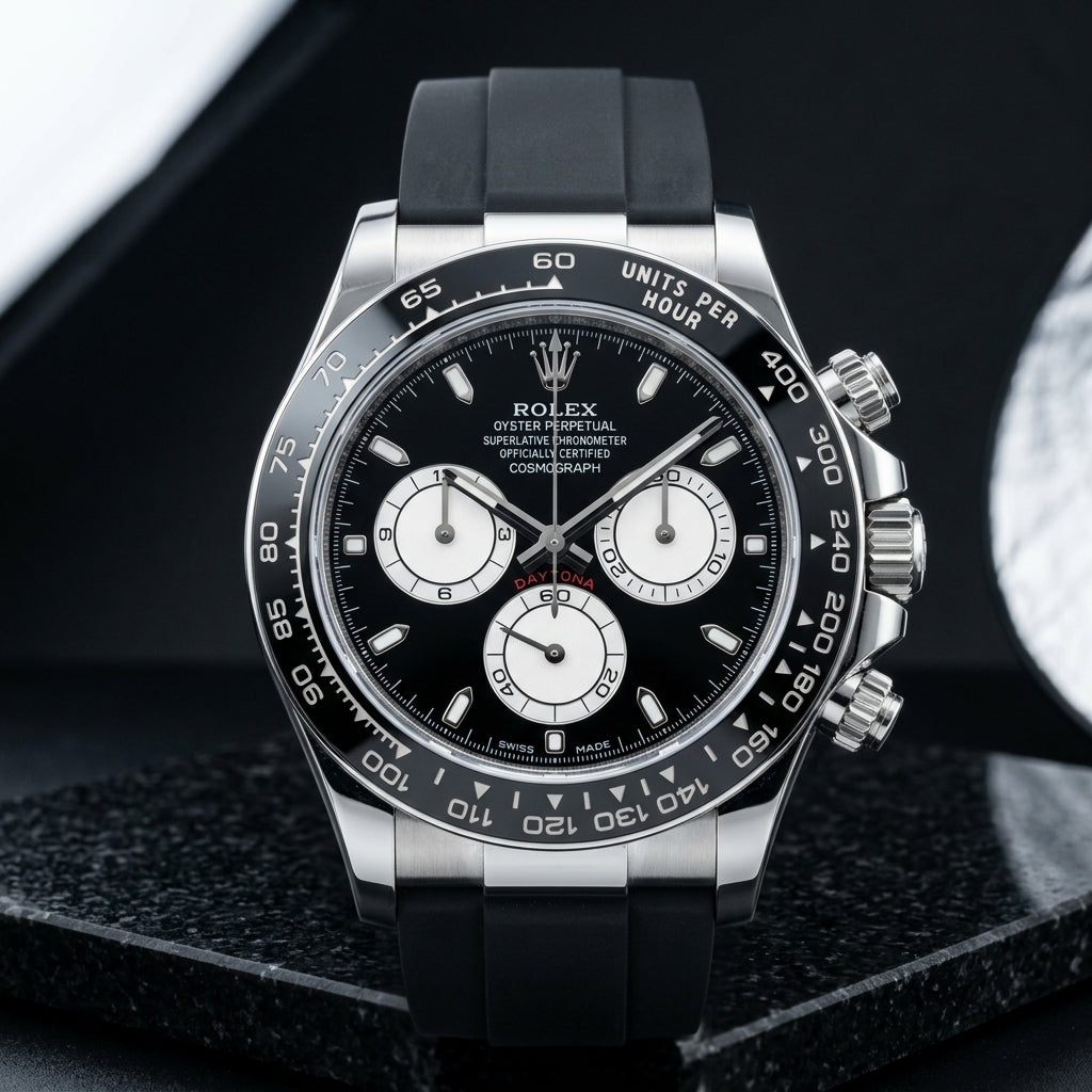Steel chronograph with a black ceramic bezel, black dial and three white counters, upright on polished black granite