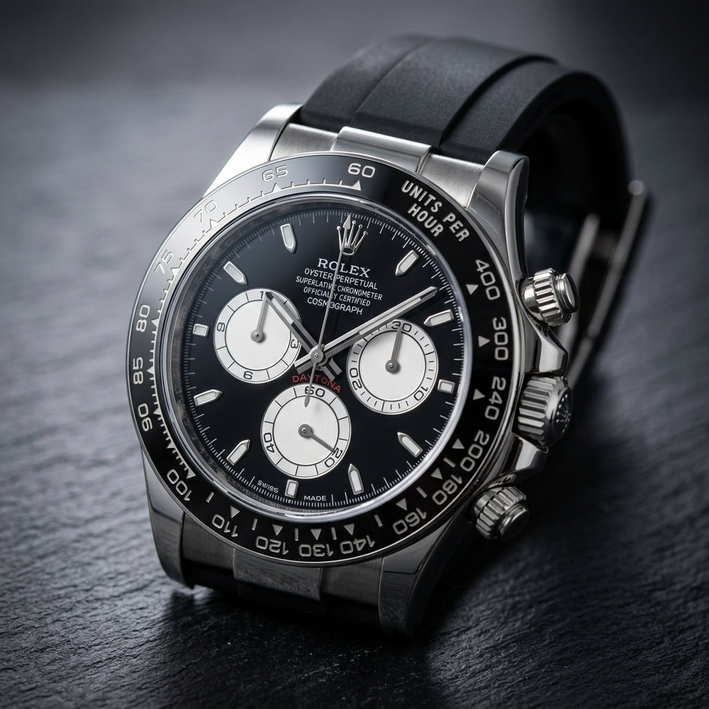 Steel chronograph at a three-quarter angle on dark slate, the fluted pushers beside the screw-down crown