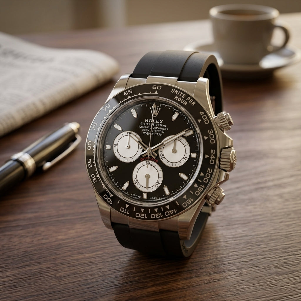 Steel chronograph with a black ceramic bezel and white counters on a dark walnut desk beside a fountain pen