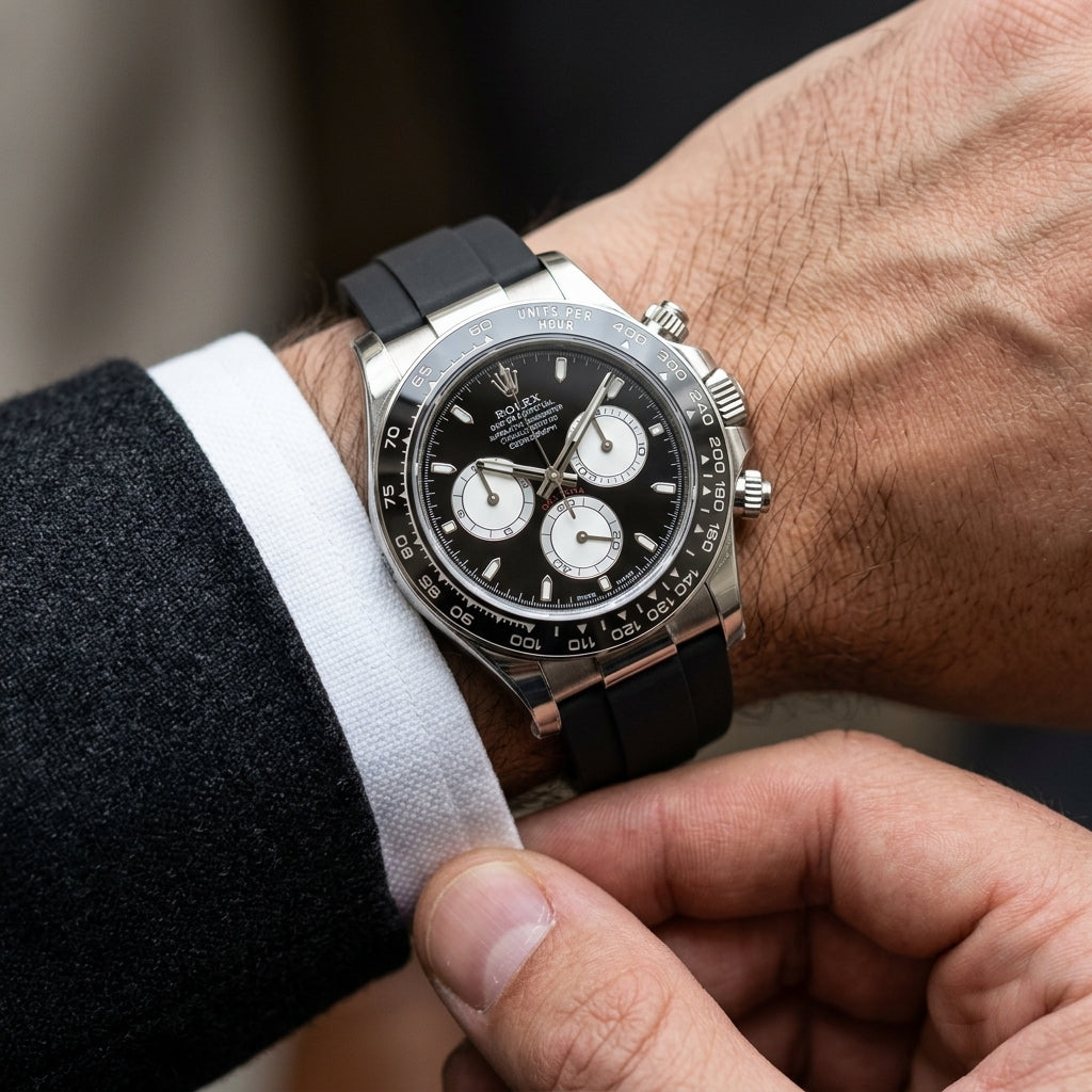 Steel chronograph with a black dial and white counters on the wrist as a shirt cuff is fastened
