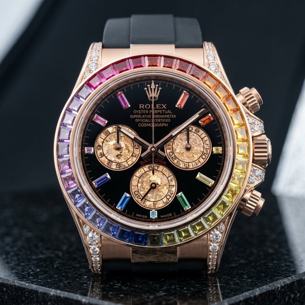 Rose-gold chronograph with a rainbow baguette-stone bezel and a black dial with rainbow markers, upright on polished black granite