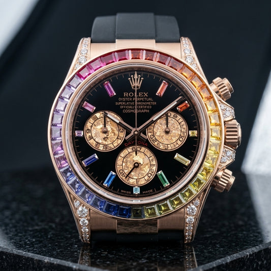 Rose-gold chronograph with a rainbow baguette-stone bezel and a black dial with rainbow markers, upright on polished black granite