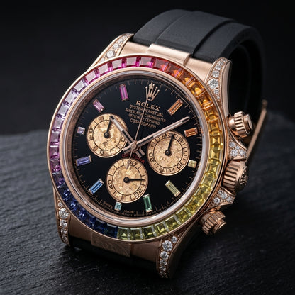 Rose-gold chronograph at a three-quarter angle, the yellow and orange stones of the bezel beside the fluted crown and stone-set crown guards
