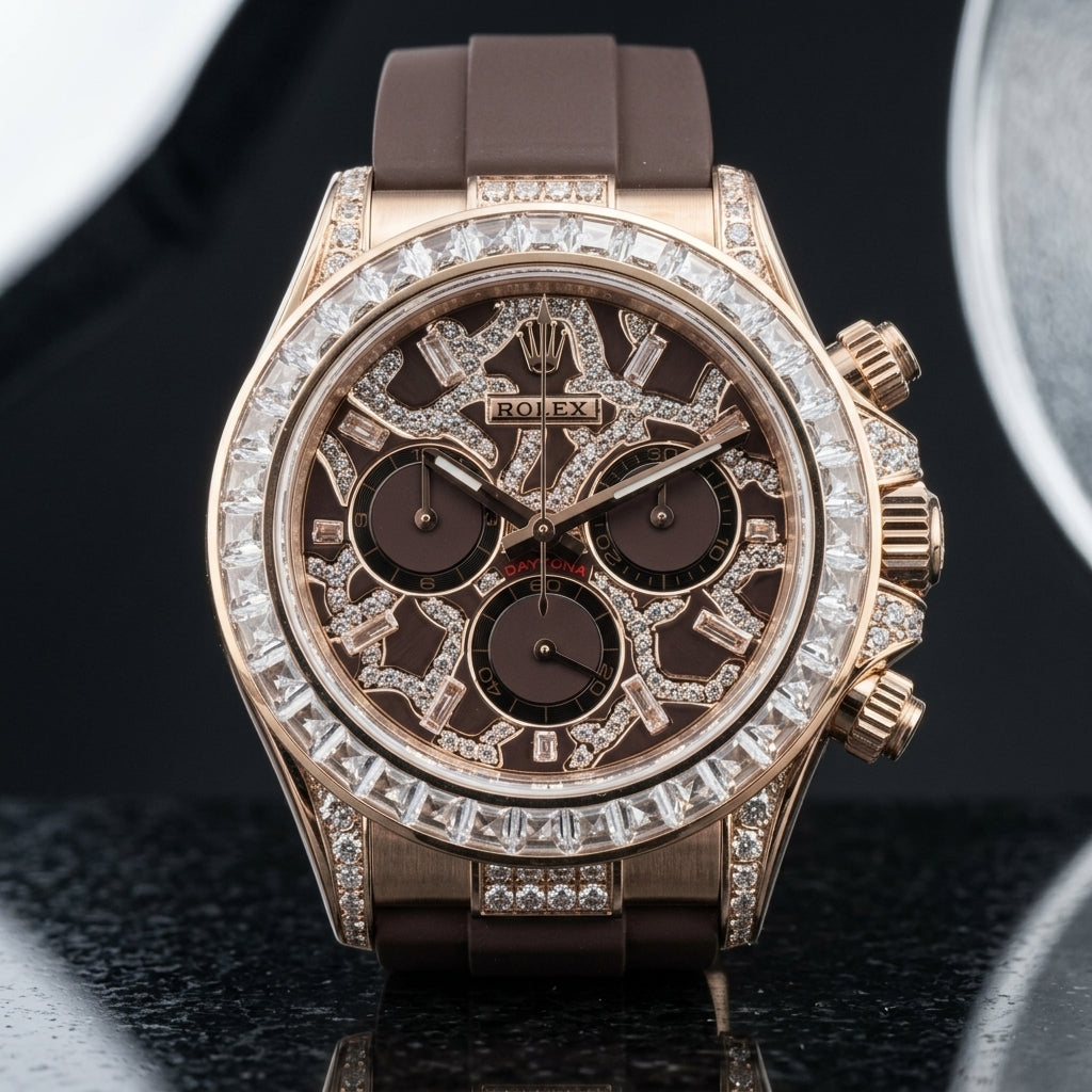 Rose gold chronograph with a brown leopard pavé dial and a clear baguette bezel, upright on polished dark marble