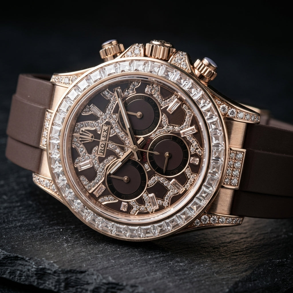 Rose gold chronograph at a three-quarter angle, the fluted crown and pushers capped with lilac-grey stones beside the pavé crown guards