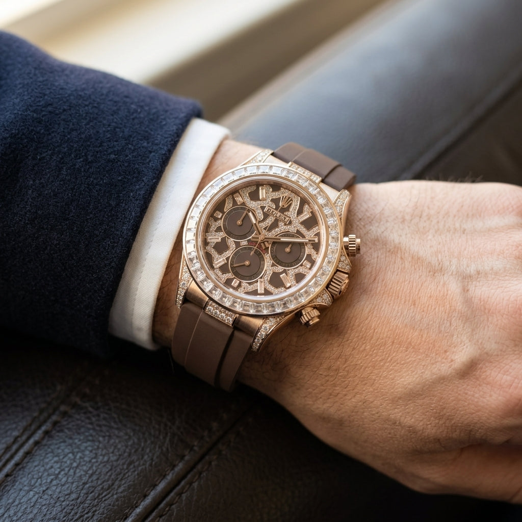 Rose gold chronograph with a brown leopard dial on a brown rubber strap, on the wrist below a dark suit cuff