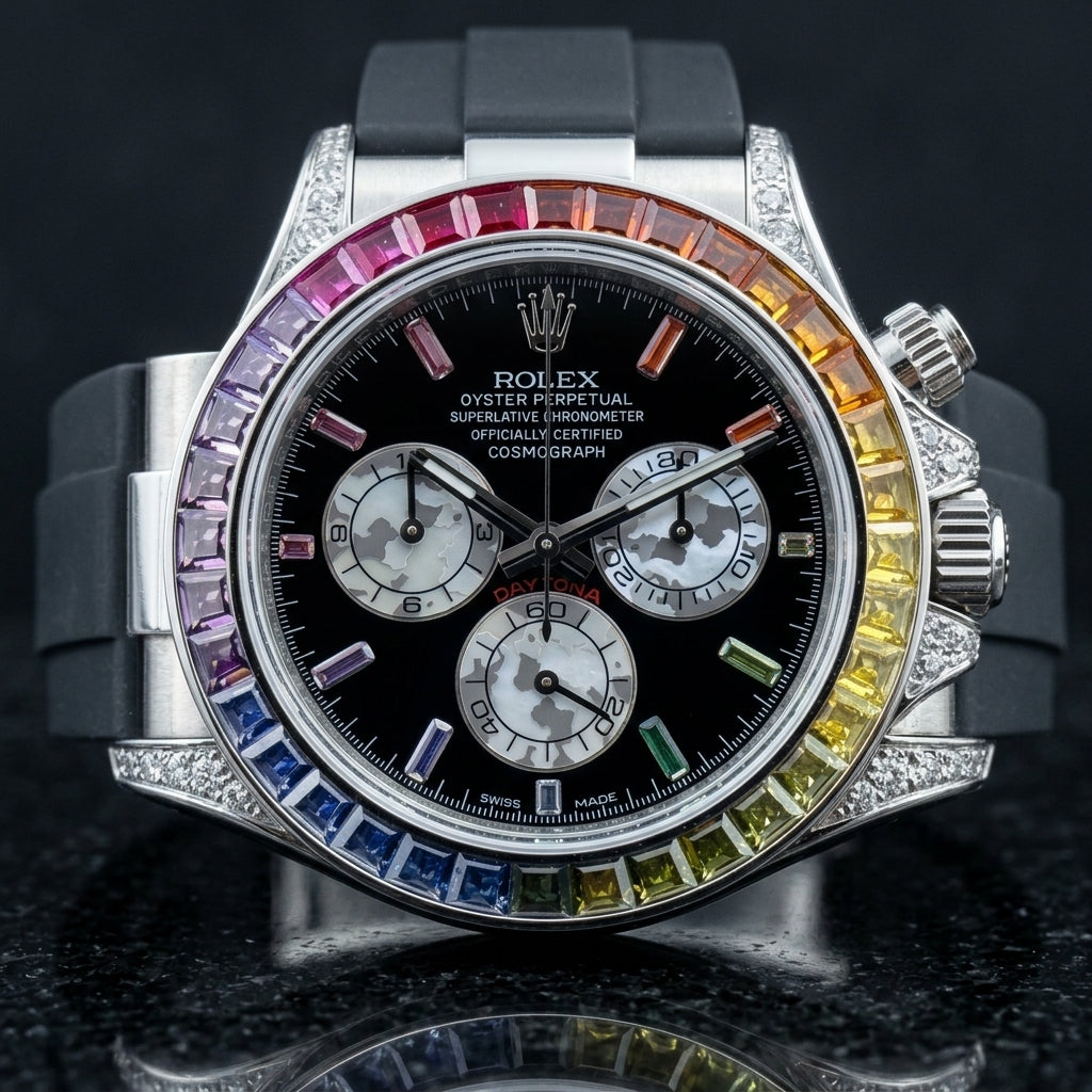 Steel chronograph with a rainbow baguette stone bezel and a black dial, upright on polished black marble