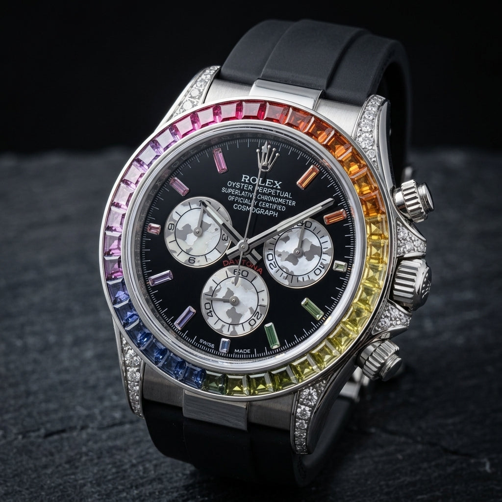 Steel rainbow chronograph at a three-quarter angle, the fluted crown and pushers between stone-set crown guards
