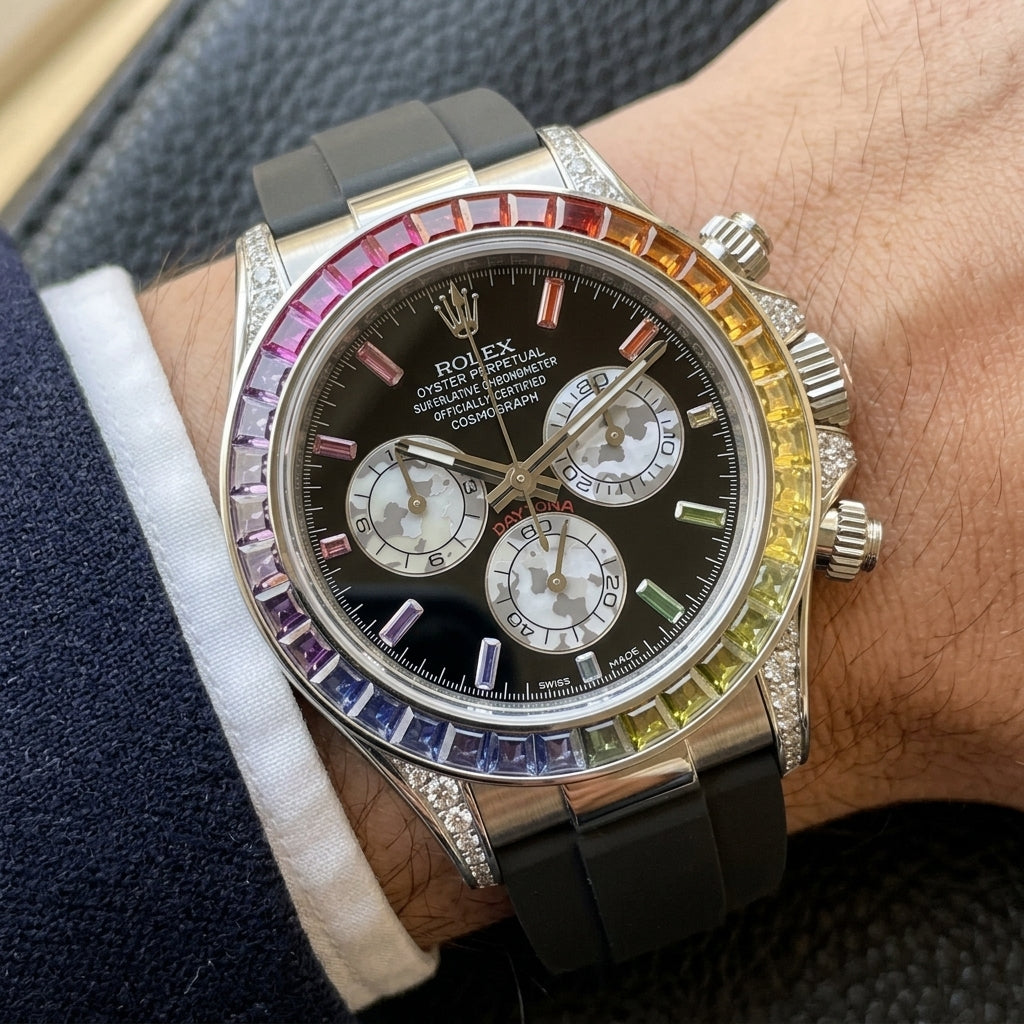 Steel chronograph with a rainbow stone bezel on a black rubber strap, on the wrist below a dark suit cuff