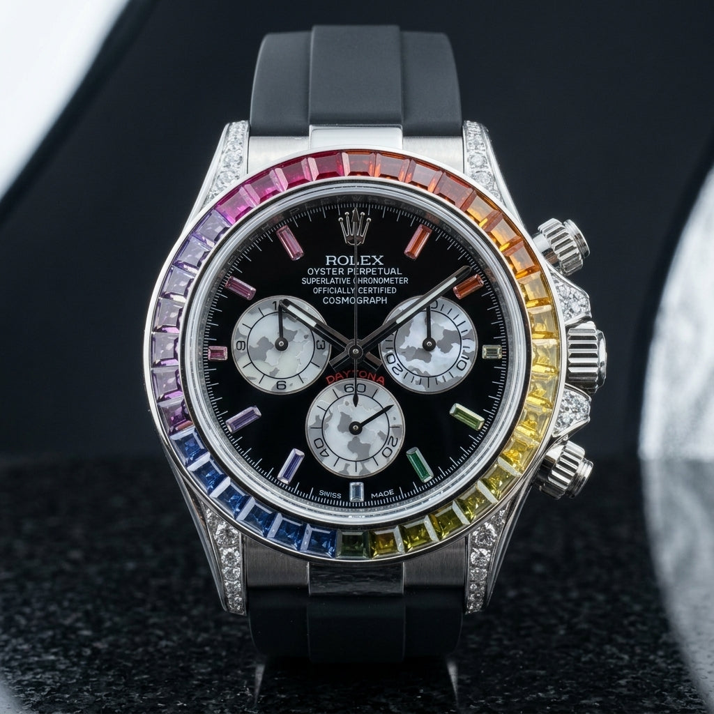 Steel chronograph with a rainbow stone bezel on a black rubber strap, on the wrist below a dark suit cuff