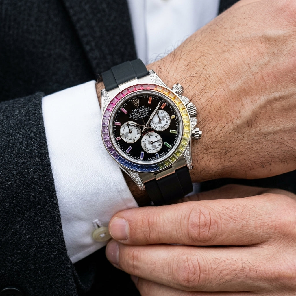Steel chronograph with a rainbow stone bezel on the wrist as a shirt cuff is fastened