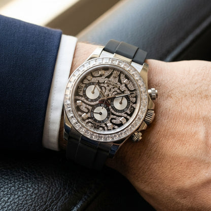 Steel chronograph with a black leopard pavé dial on a black rubber strap on the wrist below a dark suit cuff