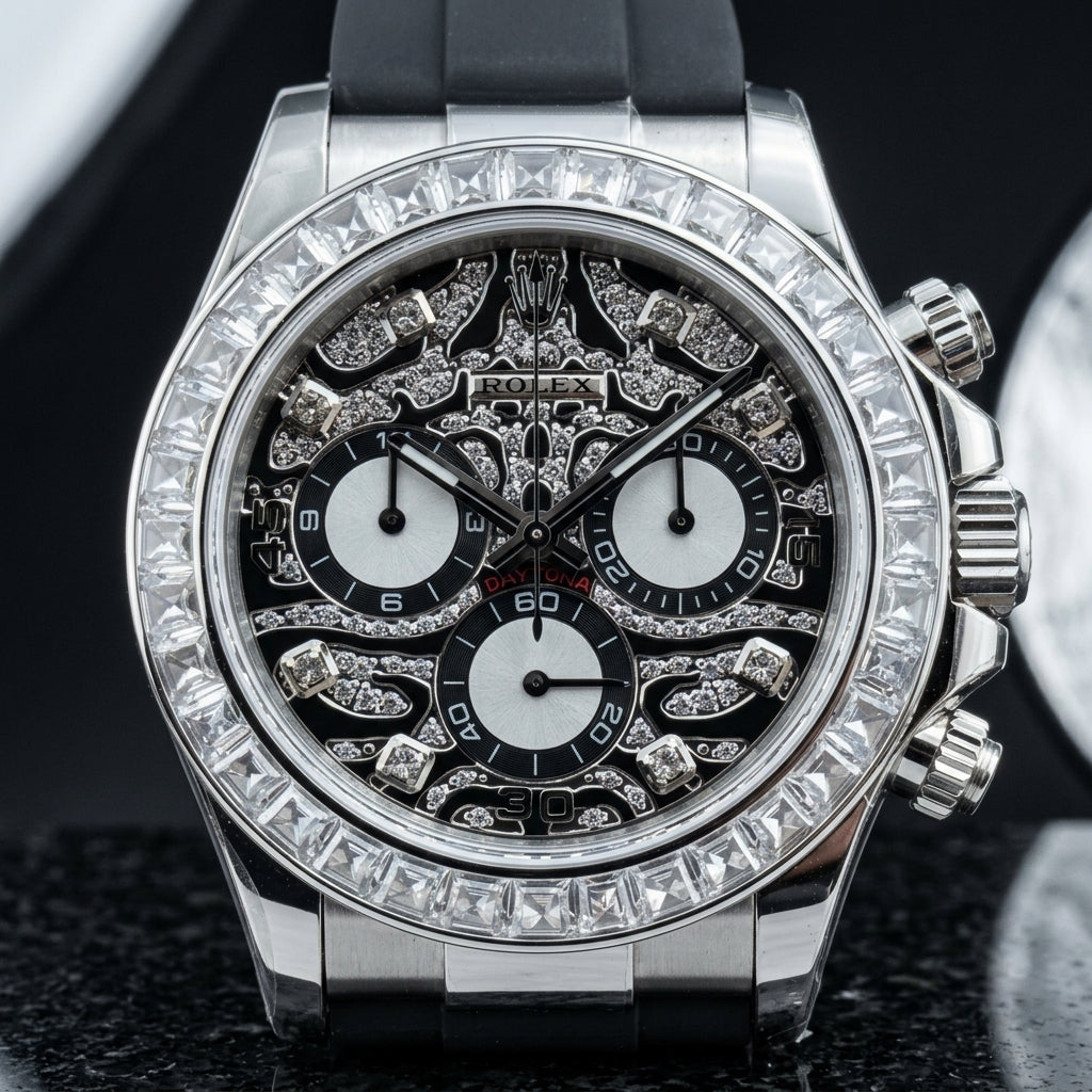 Steel chronograph with a black leopard pavé dial on a black rubber strap on the wrist below a dark suit cuff