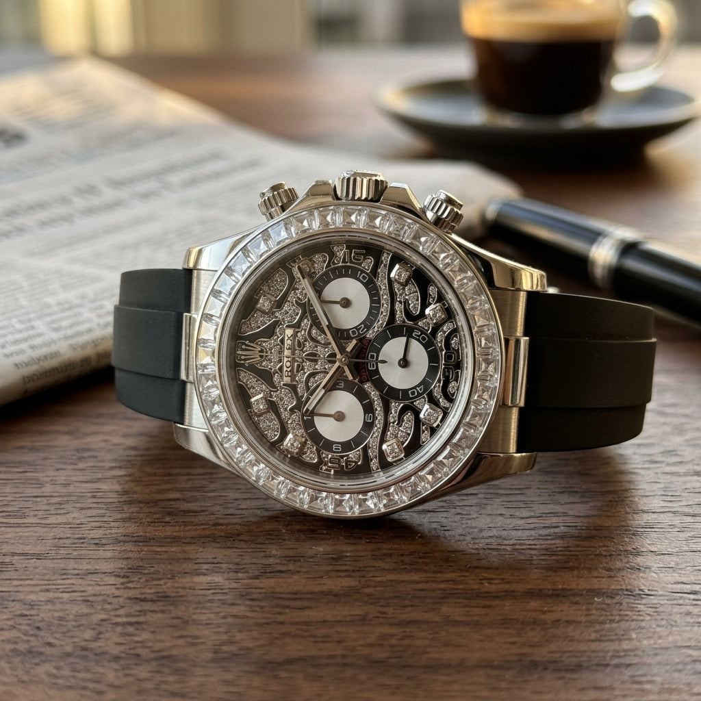 Steel chronograph with a black leopard pavé dial on a dark slate desk beside a fountain pen