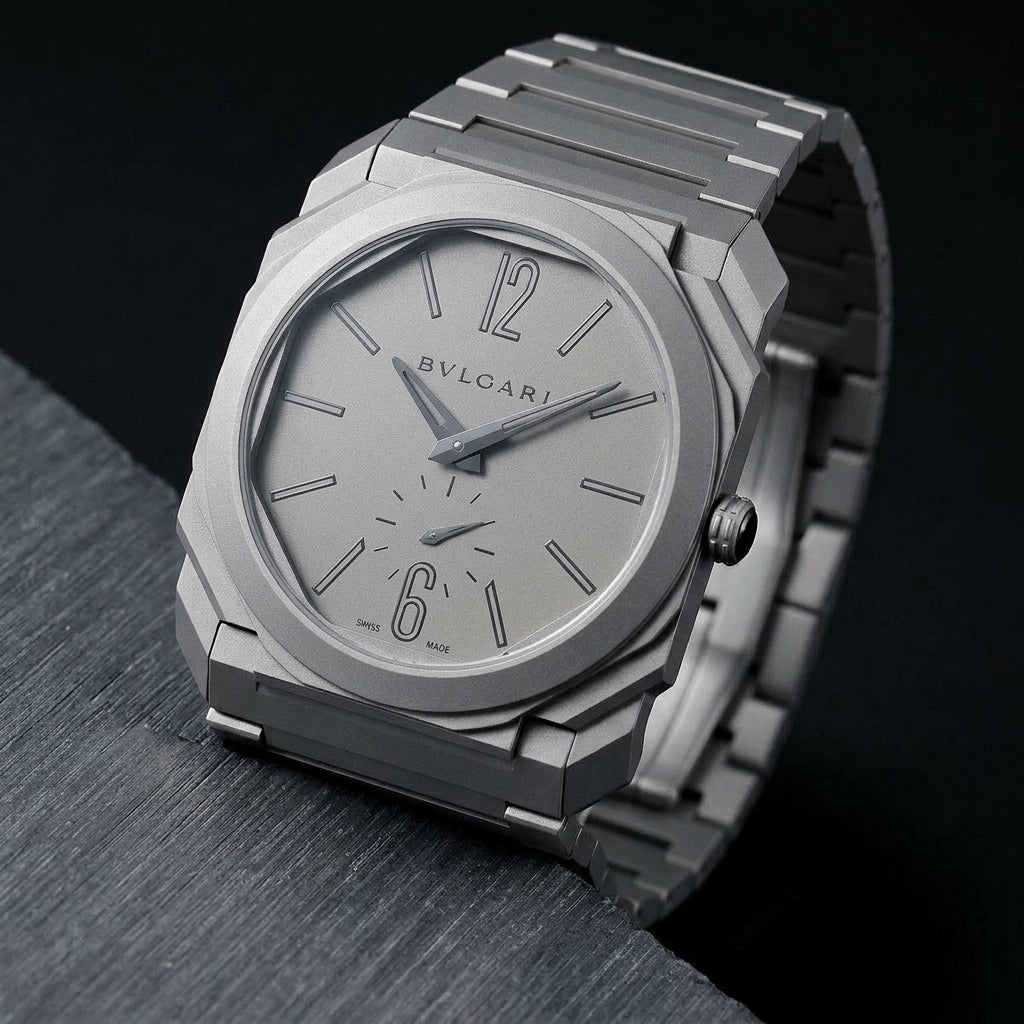 Ultra-thin titanium watch at a three-quarter angle on dark slate