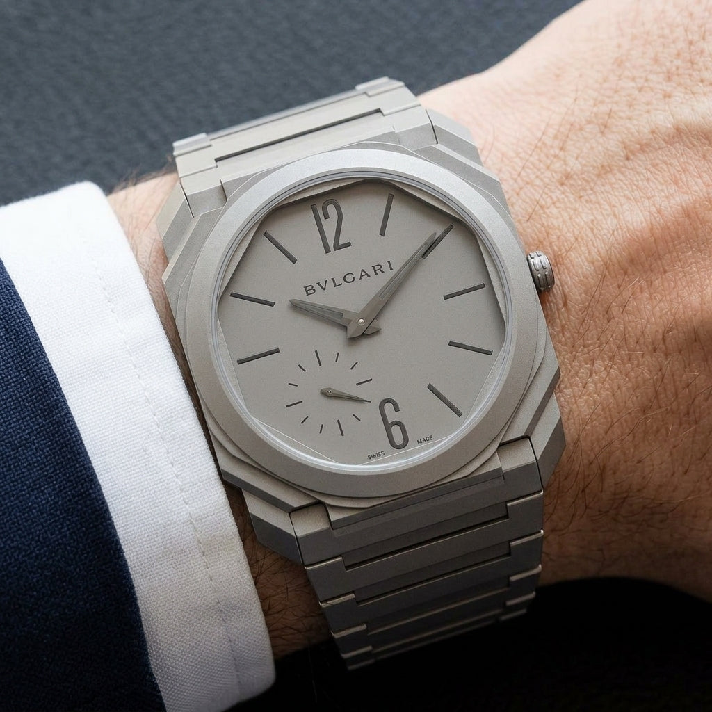 Ultra-thin titanium watch worn under a navy suit cuff