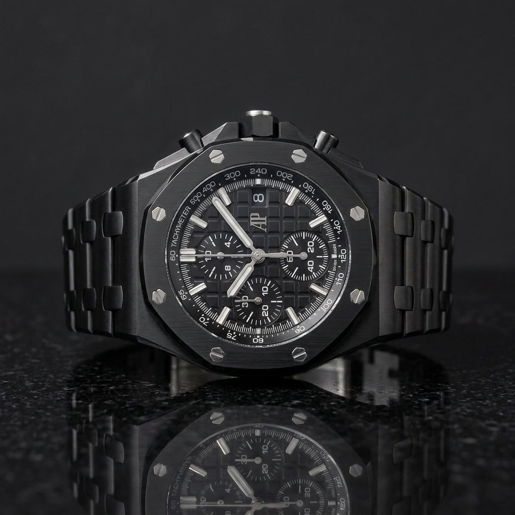 All-black ceramic octagonal chronograph watch on black granite