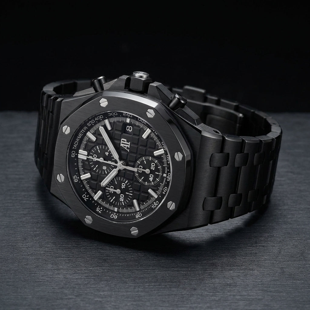 Black ceramic Offshore chronograph at a three-quarter angle on dark slate