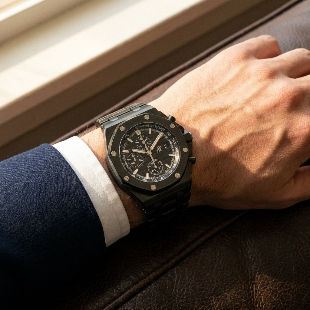 Black ceramic chronograph worn under a navy suit cuff
