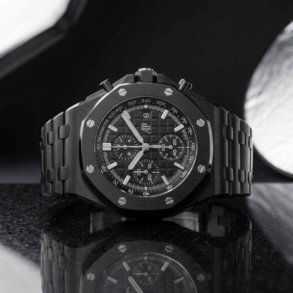 Black ceramic chronograph worn under a navy suit cuff