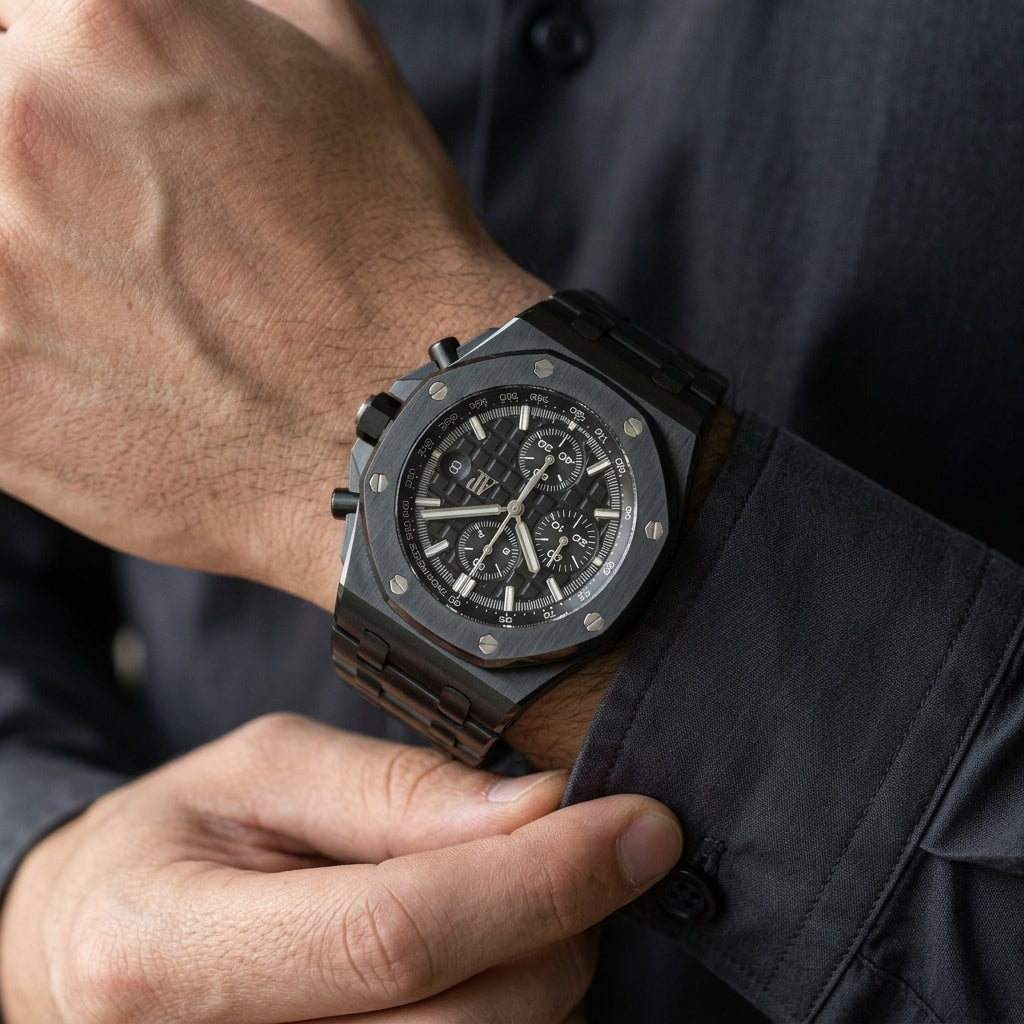 Black ceramic octagonal chronograph on the wrist as a shirt cuff is fastened