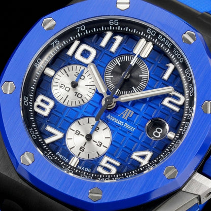 Macro of the blue Méga Tapisserie dial and the silver chronograph counters