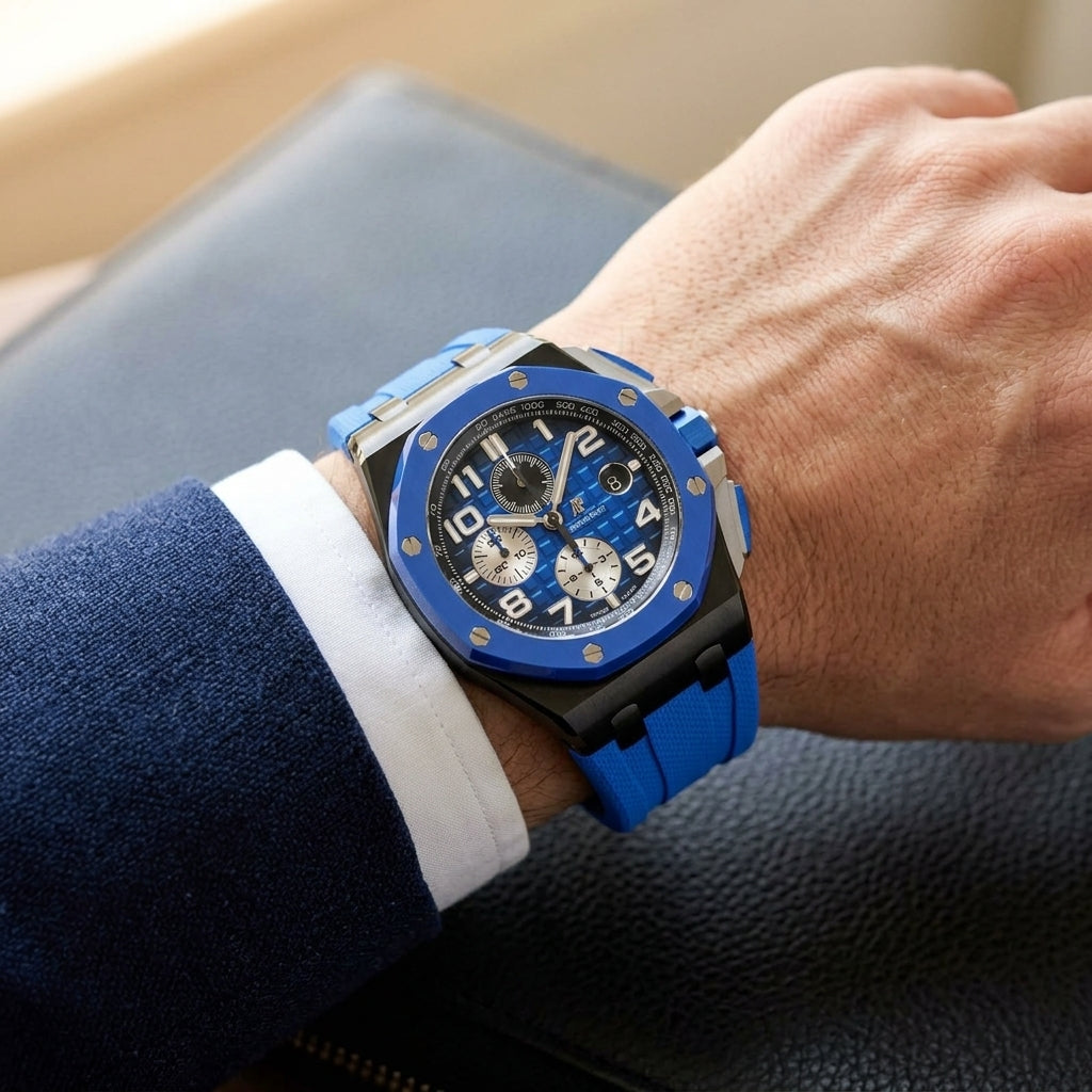 Blue ceramic chronograph on a blue rubber strap worn under a navy suit cuff
