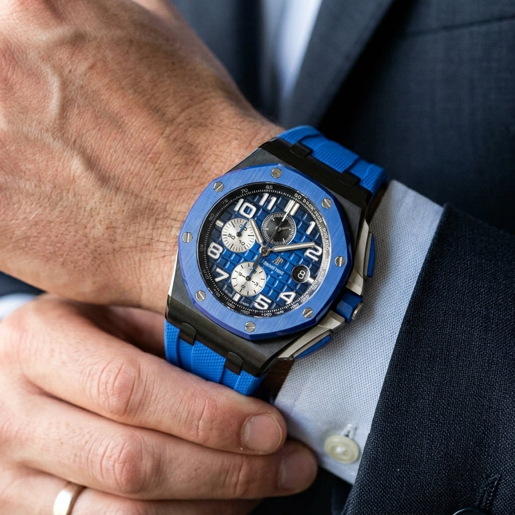 Blue ceramic chronograph on the wrist as a shirt cuff is fastened
