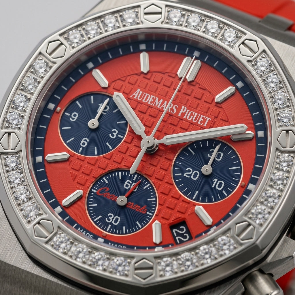 Macro of the red tapisserie dial, navy counters and diamond-set bezel