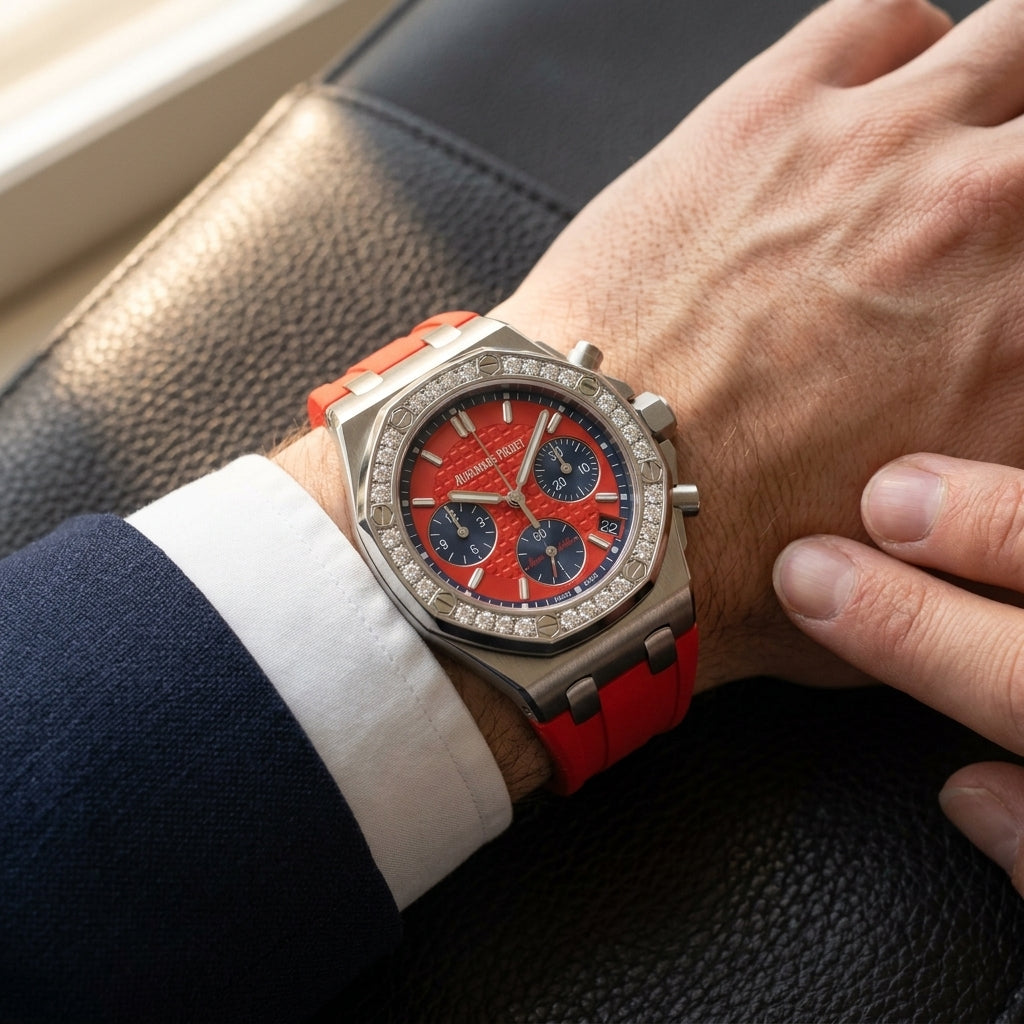 Red dial diamond bezel chronograph worn on the wrist