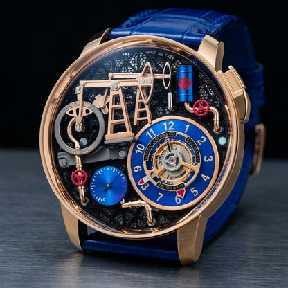 The gold-case oil pump watch at a three-quarter angle on dark slate, its pusher at two o'clock catching the light