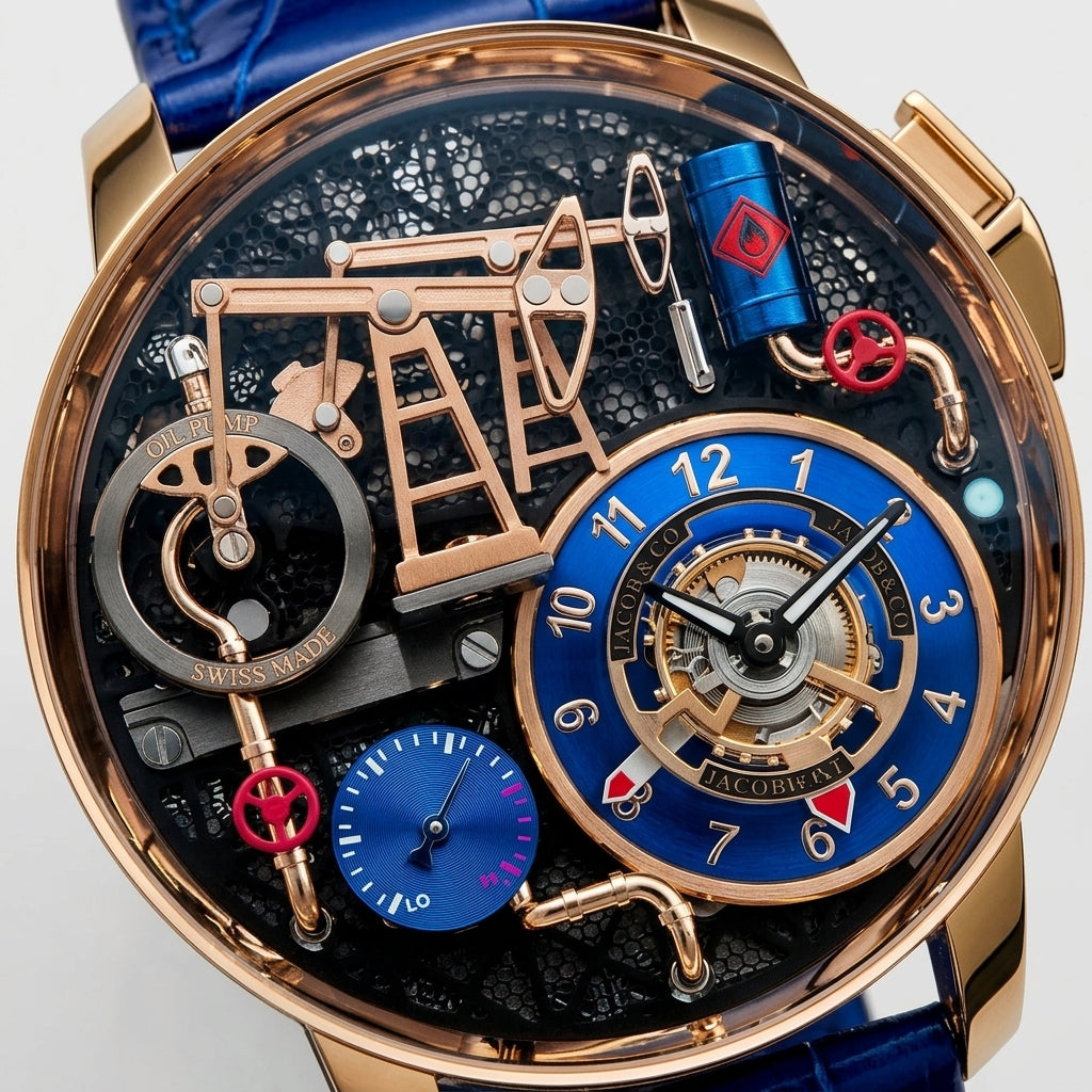Macro of the oil pump dial: the rose-gold derrick, the red valve wheels, the blue oil barrel and the bright blue hour ring