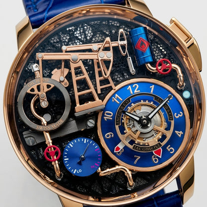 Macro of the oil pump dial: the rose-gold derrick, the red valve wheels, the blue oil barrel and the bright blue hour ring