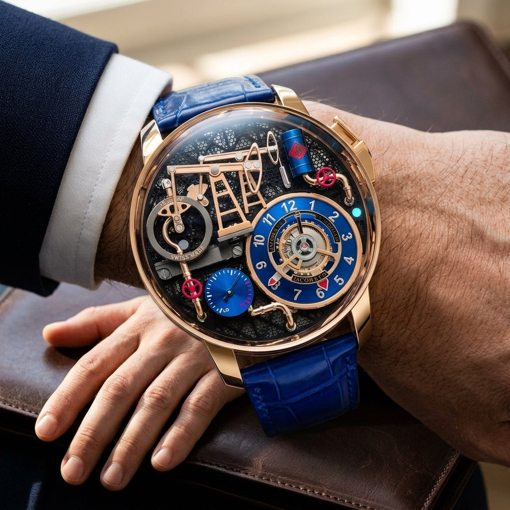 Oil pump watch with a gold case and blue strap, worn under a navy suit cuff