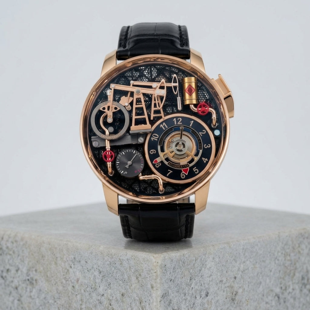 Oil pump automatic watch with a gold case on a black strap, standing on pale grey stone with the whole strap in view