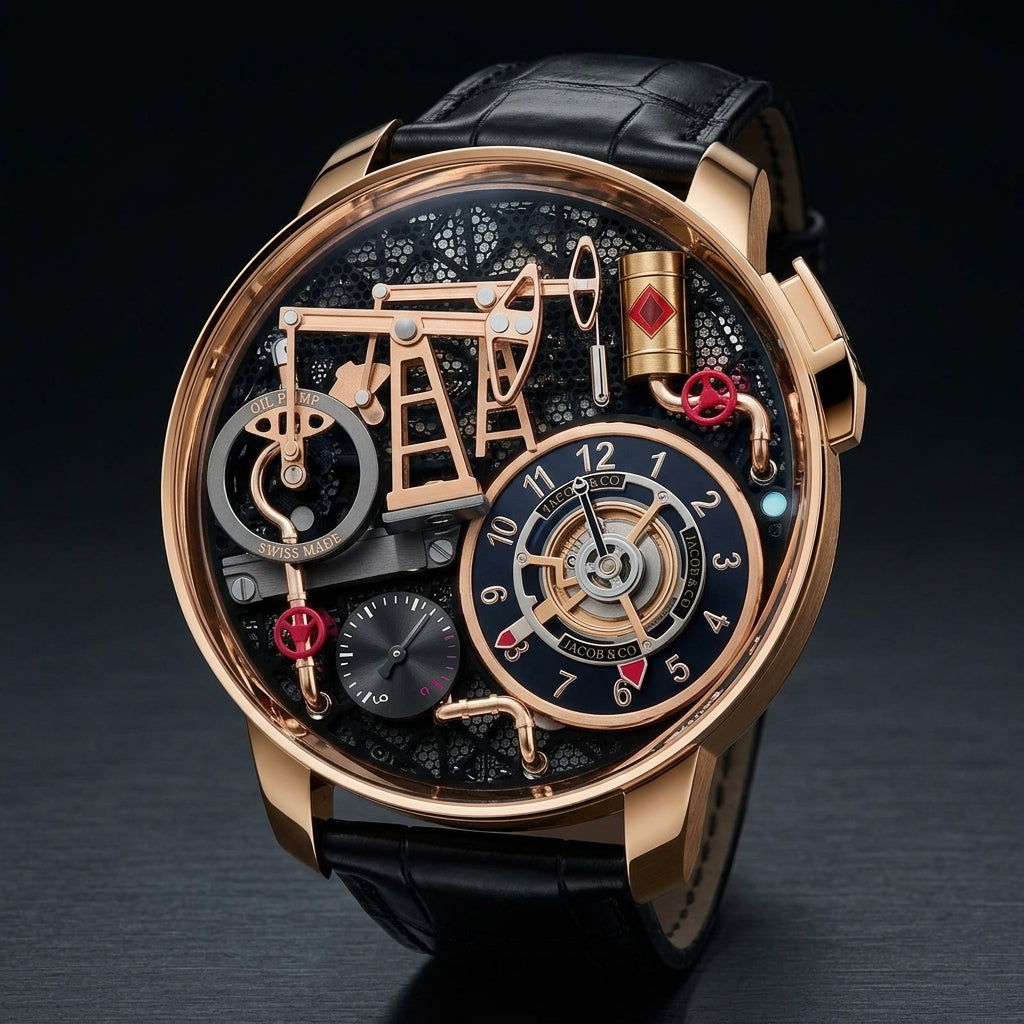 The gold-case oil pump watch at a three-quarter angle on dark slate, its pusher at two o'clock catching the light