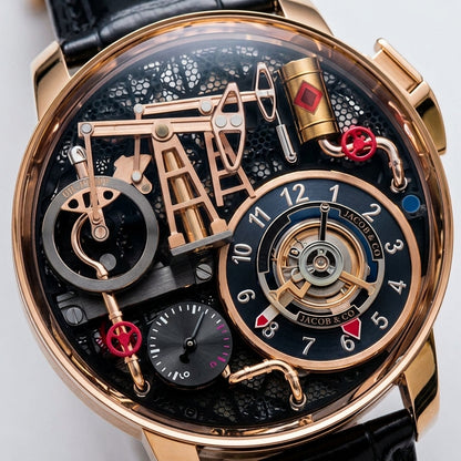 Macro of the oil pump dial: the rose-gold derrick, the red valve wheels, the gold oil barrel and the midnight hour ring