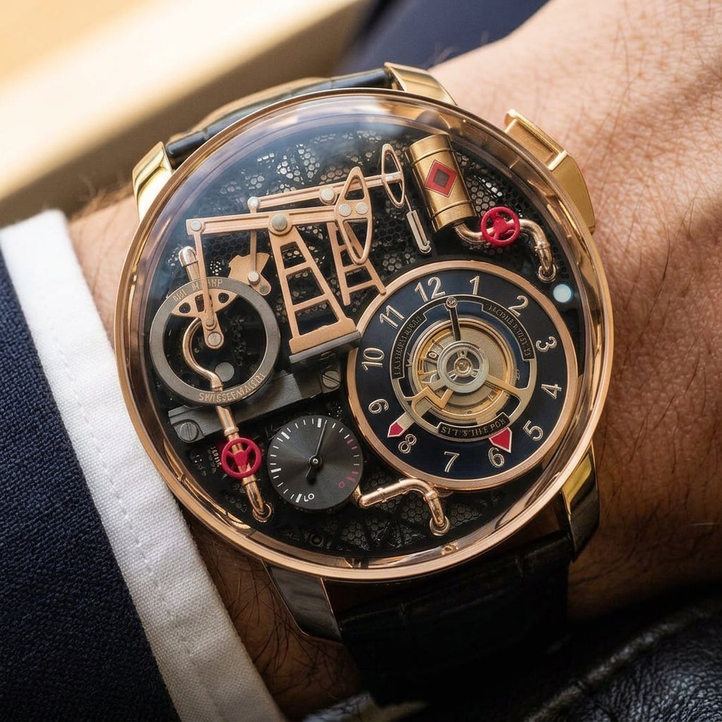 Oil pump watch with a gold case and black strap, worn under a navy suit cuff