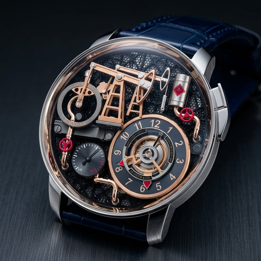 The silver-case oil pump watch at a three-quarter angle on dark slate, its pusher at two o'clock catching the light