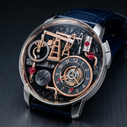 The silver-case oil pump watch at a three-quarter angle on dark slate, its pusher at two o'clock catching the light
