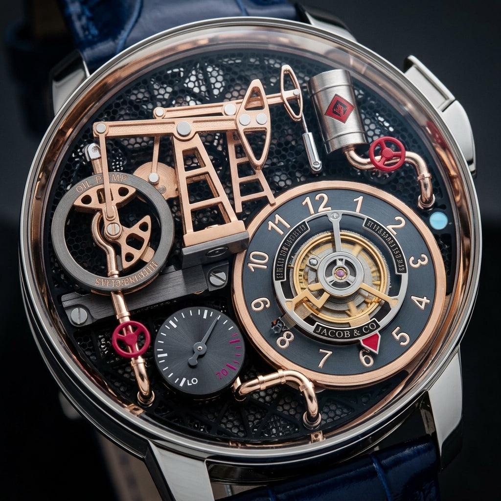 Macro of the oil pump dial: the rose-gold derrick, the red valve wheels, the silver oil barrel and the slate hour ring