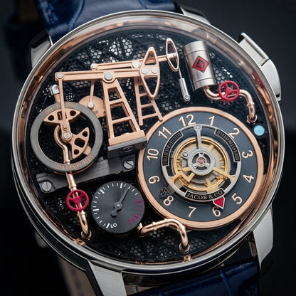Macro of the oil pump dial: the rose-gold derrick, the red valve wheels, the silver oil barrel and the slate hour ring