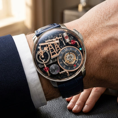 Oil pump watch with a silver case and blue strap, worn under a navy suit cuff